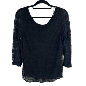 Rachel Kate Black Lace Bow Back Top 3/4 Sleeve Chevron Sheer Blouse Women Medium